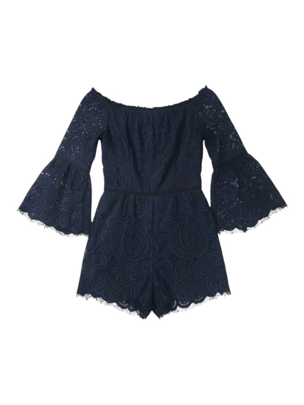Freda‎ Marie Lace Off-the-Shoulder Romper Women’s Medium Black & Navy